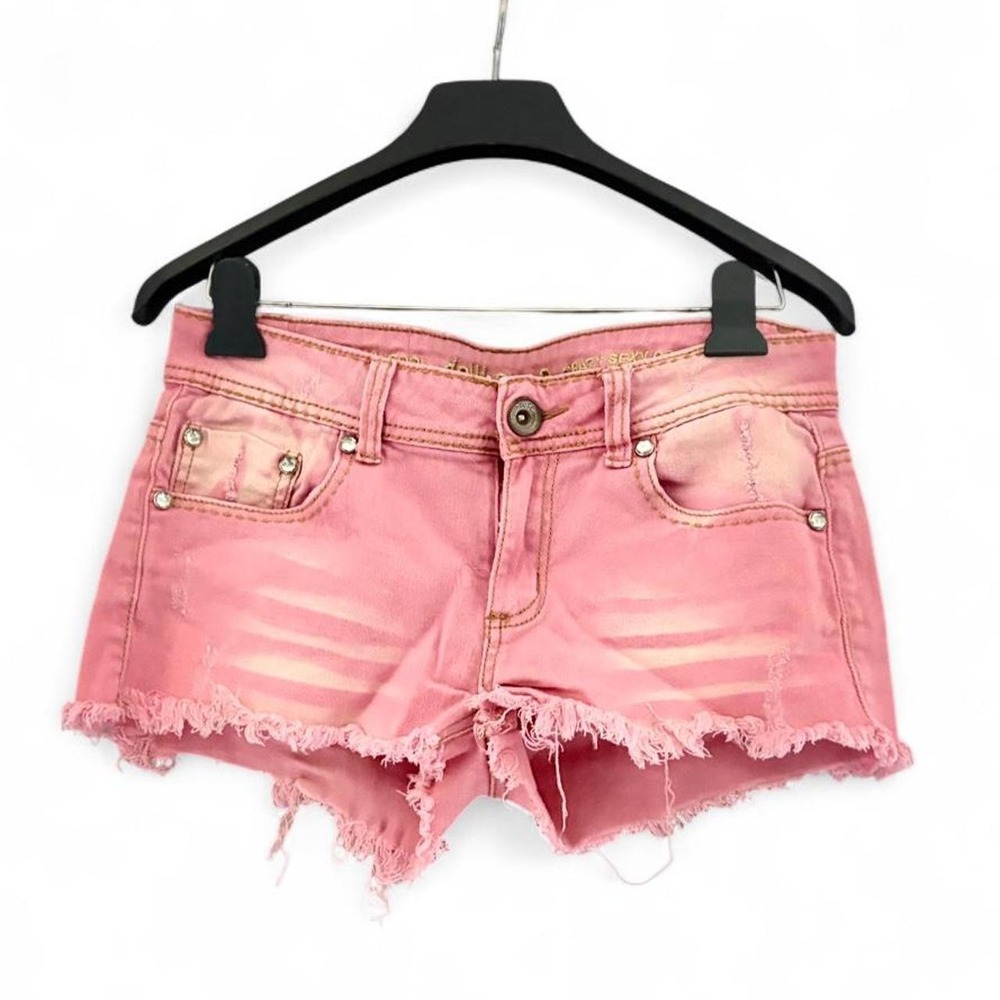 Dollhouse Pink Denim Shorts Frayed Hem Rhinestone Y2K Festival Size 11